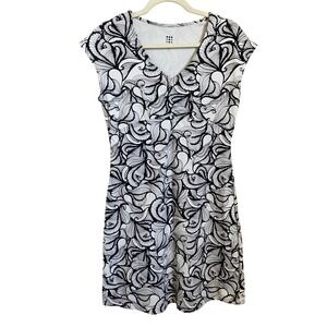 Title Nine Black White Swirl Print Cap Sleeve V Neck Casual Dress Size‎ Small